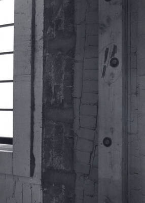 1975 photograph of Art and Architecture South. View of interior wall detail, first floor. Donor: Karl Roenke.