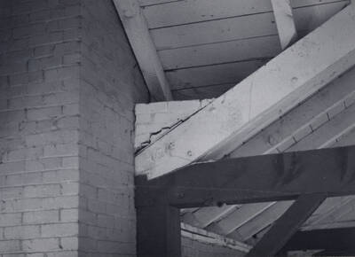 1975 photograph of Art and Architecture South. View of interior beam and roof detail. Donor: Karl Roenke.