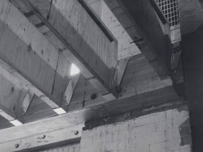 1976 photograph of Art and Architecture South. View of beams for second floor. Donor: Karl Roenke.