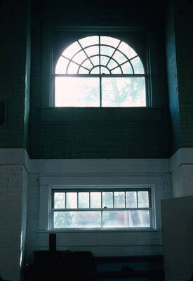 1975 photograph of Art and Architecture South during renovation. Interior windows. Donor: Karl Roenke and Robert Weaver, 1976.