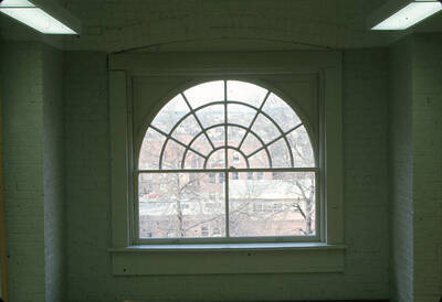 1975 photograph of Art and Architecture South during renovation. Interior windows. Donor: Karl Roenke and Robert Weaver, 1976.
