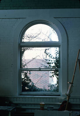 1975 photograph of Art and Architecture South during renovation. Interior windows. Donor: Karl Roenke and Robert Weaver, 1976.