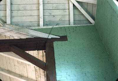1975 photograph of Art and Architecture South during renovation. Roof and beam system. Donor: Karl Roenke and Robert Weaver, 1976.