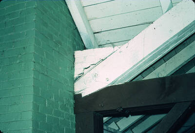 1975 photograph of Art and Architecture South during renovation. Detail of beam. Donor: Karl Roenke and Robert Weaver, 1976.