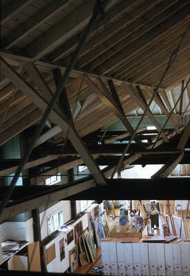 1975 photograph of Art and Architecture South during renovation. Detail of roof structure. Donor: Karl Roenke and Robert Weaver, 1976.