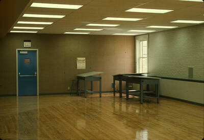 1975 photograph of Art and Architecture South during renovation. Remodeled classroom interior. Donor: Karl Roenke and Robert Weaver, 1976.