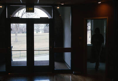 1975 photograph of Art and Architecture South during renovation. View of entranceway facing east. Donor: Karl Roenke and Robert Weaver, 1976.