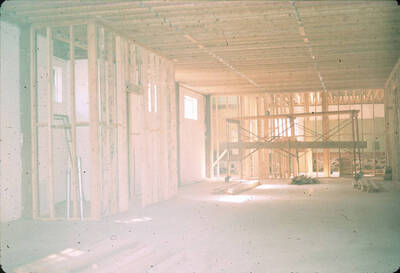 1975 photograph of Art and Architecture South during renovation. Renovation on first floor. Donor: Karl Roenke and Robert Weaver, 1976.