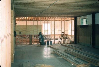1975 photograph of Art and Architecture South during renovation. Renovation on first floor. Donor: Karl Roenke and Robert Weaver, 1976.