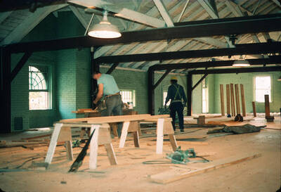 1975 photograph of Art and Architecture South during renovation. Renovation on second floor. Donor: Karl Roenke and Robert Weaver, 1976.
