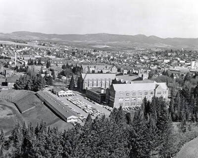 1950 panoramic photograph of University of Idaho campus. The athletic field seating is visible on the left, and a southwest view of the Administration building.