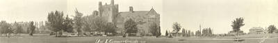 1921 panoramic photograph of University of Idaho campus. View from across the lawn, automobiles on the streets.