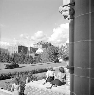 1950 panoramic photograph of University of Idaho campus. A side view of gym gargoyle.