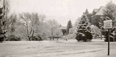 1950 panoramic photograph of University of Idaho campus. Looking east on campus lawns in the winter. Donor: University of Idaho Press.
