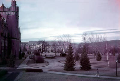 1952 color photograph of University of Idaho campus. View of Administration drive and lawn.