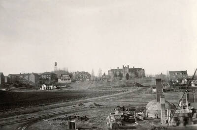 1930 panoramic photograph of University of Idaho campus. View from the brickyard to administration Building on the right and the water tower to the left.