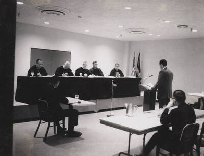 1969 photograph of the College of Law. Idaho Supreme Court at Moot Court competition. Donor: Clarice Moody Sampson.