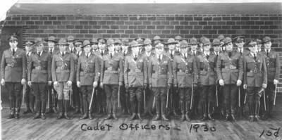 1930 photograph of Military Science Cadets. Cadet officers in formation. Donor: Gerald Hodgins.