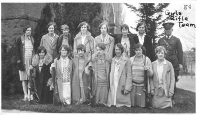 1928 photograph of Military Science Cadets 'Girls Rifle Team.'. Donor: Gerald Hodgins.