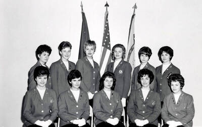 1962 photograph of Military Science Cadets. l-r: (front) Smith, Weber, McCullough, Cook, Blood; (back) Irwin, Wood, Nelson, Cook, Suley, Kipling. Donor: Army ROTC.