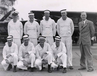 1948 photograph of Naval Science. Naval cadets on board an aircraft carrier for a summer course.