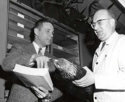 1962 photograph of Zoology building. Professors check out specimens.