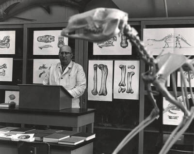 1965 photograph of Zoology building. Professor gives a lecture, skeleton in the foreground.