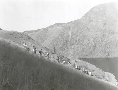 1968 photograph of College of Forestry. Students stand on a hillside overlooking a lake during the forestry summer camp. Also print. Donor: Fred Johnson.