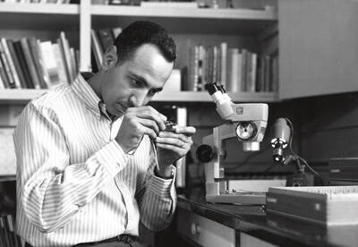 1969 photograph of Entomology. Graduate student Abdulmajeed A Ben Saad examines an insect at a desk.
