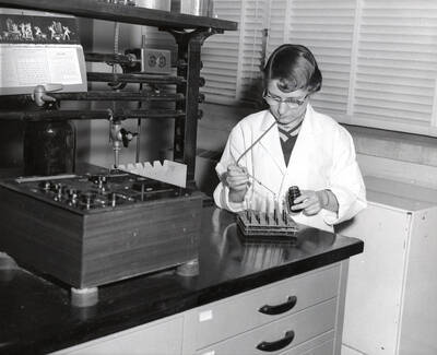 1956 photograph of Home Economics. Cecelia A. Pickard analyzes rat blood serum for Vitamin A. Donor: Publications Dept.