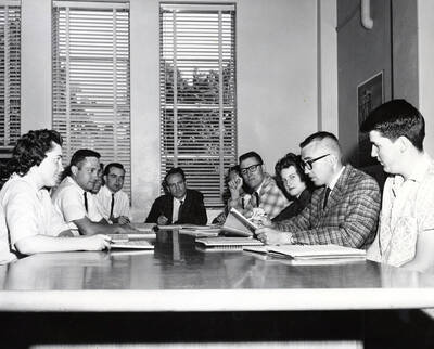 1950 photograph of Music Department. Students during music class. Donor: Publications Dept.