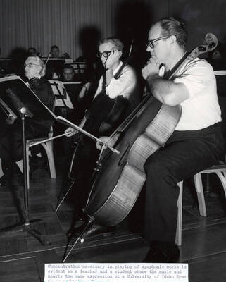 1958 photograph of Music Department. University of Idaho Symphony Orchestra rehearsing.