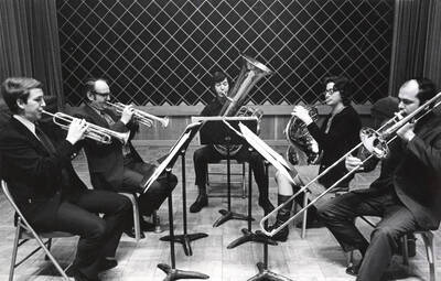 1964 photograph of Music Department. University of Idaho Brass Quintet performing.