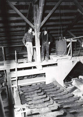1953 photograph of College of Mines. Students standing with mine equipment.