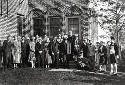 1929 photograph of College of Mines. A group photo taken outside Mines building featuring Hardit Singh Dillon. Donor: Mrs. F.B. Laney?