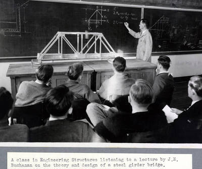 1933 photograph of College of Engineering. Instructor J.E. Buchanan teaching engineering structures class.