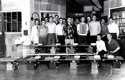 1952 photograph of College of Engineering. Students in the Mechanical Tool lab II. Donor: Publications Dept.