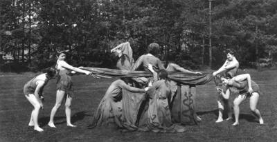 1932 photograph of Physical Education. Taps and Terps performing a dance piece.