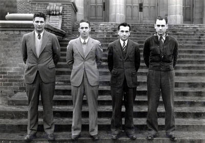 1935 photograph of Athletics. l-r: Leo Calland, Glenn Jacoby, Richard Fox, Otto Anderson.