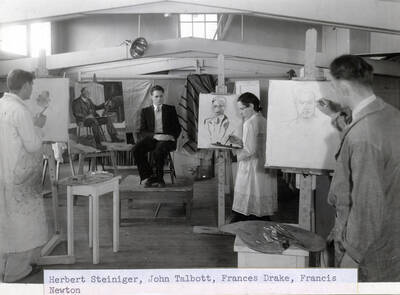 1942 photograph of Art and Architecture. Herbert Steiniger, John Talbott, Frances Drake, and Francis Newton in a life study class. Donor: Publications Dept.
