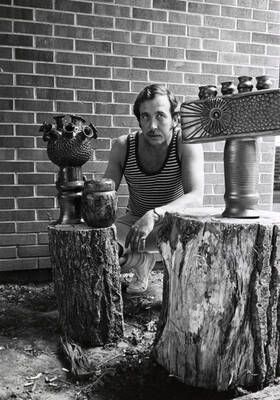 1973 photograph of Art and Architecture. Lewis G. McCord with ceramics sculptures.