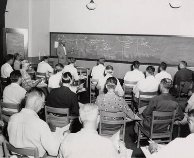 1954 photograph of Economics class. Dr. Erwin Graue lecturing a class. Donor: Publications Dept.