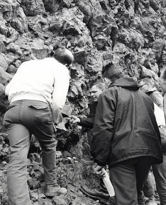 1966 photograph of Geology. Allen Clark and students examining a pillow basalt outcropping near Clarkia.