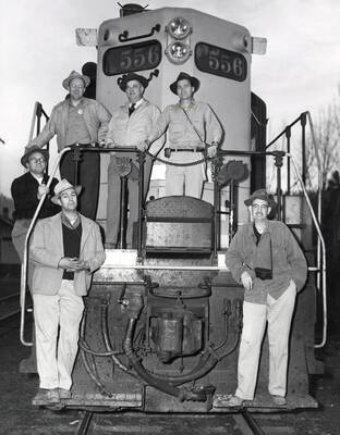 1954 photograph of Geology. l-r: Harry H. Caldwell, Kenneth E. Grimm, Earl F. Cook, J.D. Forrester, Agatin T. Abbott, W.W. Staley. Donor: Publications Dept.