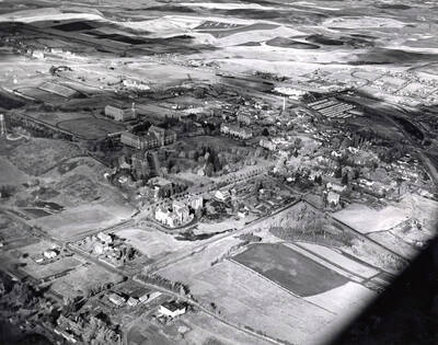 1950 photograph of University of Idaho campus. Aerial view shows both campus and the surrounding fields. Donor: Publications Dept.