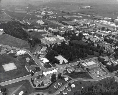 1967 photograph of University of Idaho campus. Aerial view shows New Greek on the left.