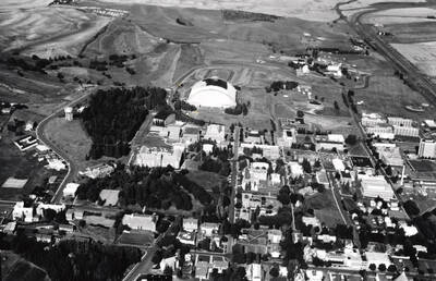 1975 photograph of University of Idaho campus. Aerial view shows Kibbie Dome.