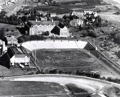 1939 photograph of University of Idaho campus. Aerial view shows the grandstands.