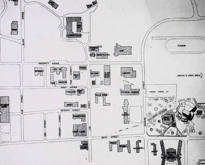 1970 photograph of University of Idaho campus. Campus depicted in a hand drawn map.