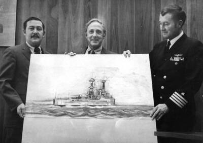 1973 photograph of Gifts. l-r: artist Robert E. Serrano, Ernest W. Hartung, Jack R. Voorhees.